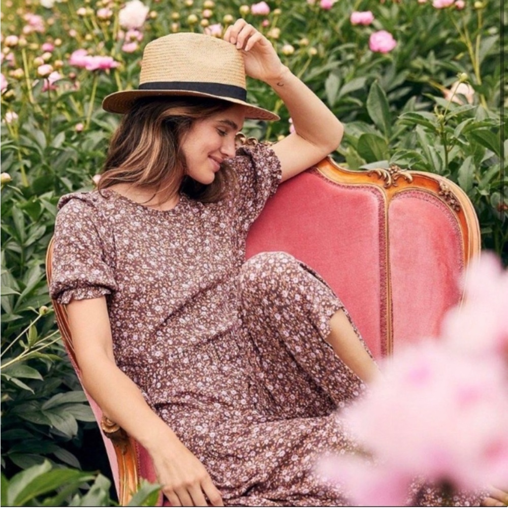 Aerie Garden Party Dress in Brown and Pink Floral | tiered floral midi dress